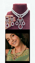 Nora Fatehi Inspired Red Silver Tone Polki Necklace Earring Set For Wedding - Libasaa.com