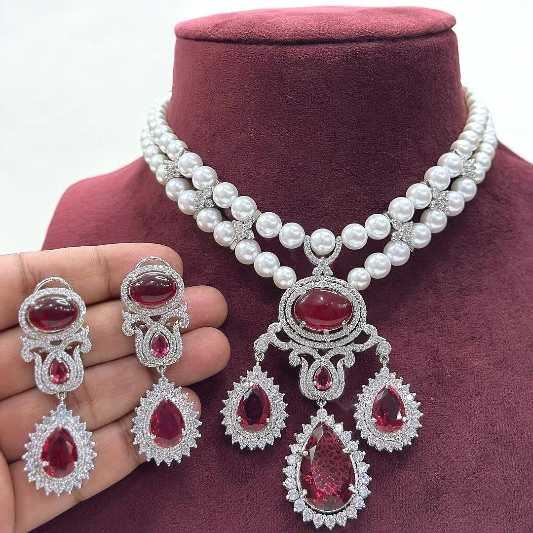 Nora Fatehi Inspired Red Silver Tone Polki Necklace Earring Set For Wedding - Libasaa.com
