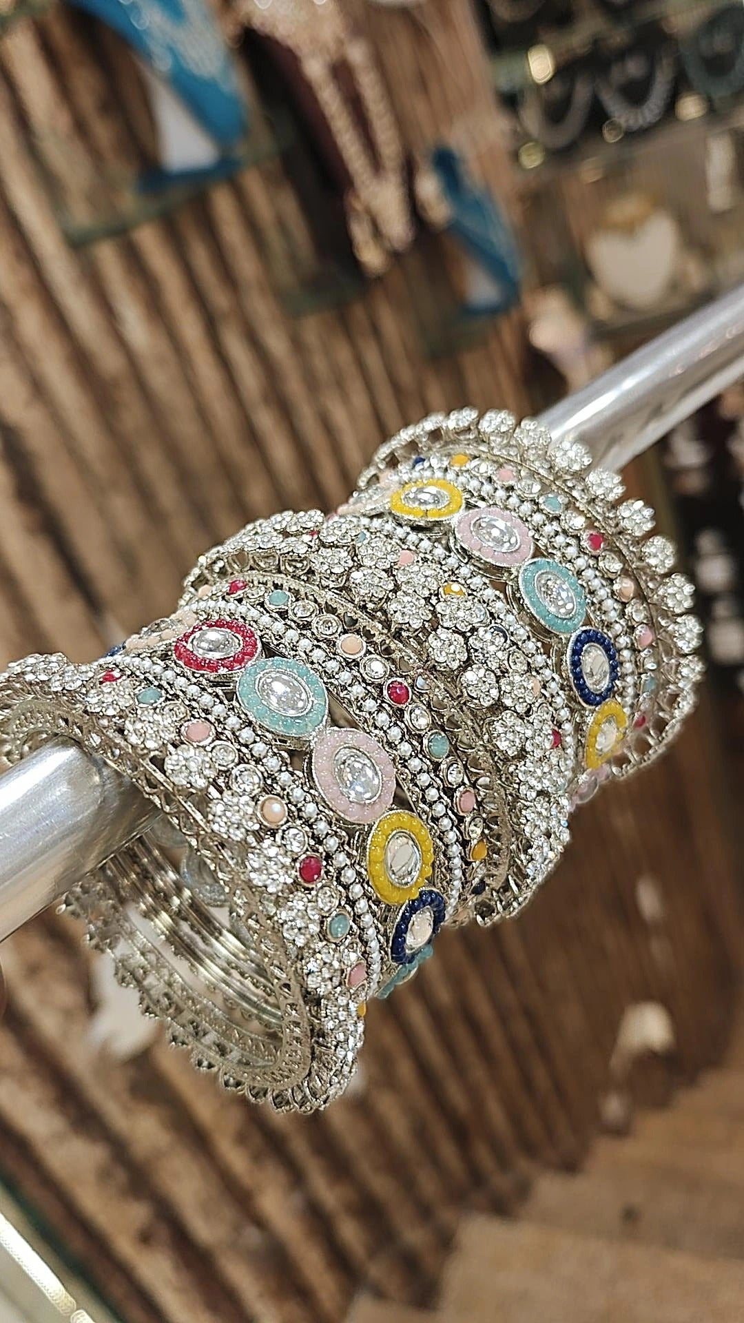 Pakistani Multicolor Silver Finish Motif Bangle Chura Set For Wedding - Libasaa.com