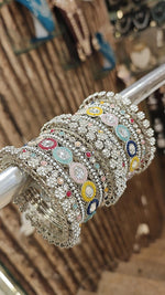 Pakistani Multicolor Silver Finish Motif Bangle Chura Set For Wedding - Libasaa.com