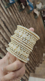 Golden Pakistani Jartar Kundan Pearl Work Bridal Bangle Chura Set For Wedding - Libasaa.com