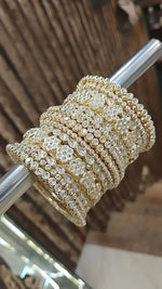 Golden Pakistani Jartar Kundan Pearl Work Bridal Bangle Chura Set For Wedding - Libasaa.com