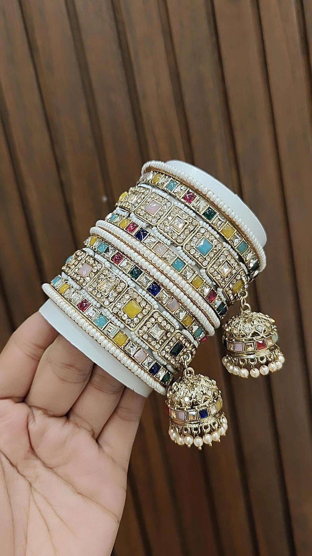 Square Shaped Multicolor Kundan Bangle Jhumki Set For Wedding - Libasaa.com