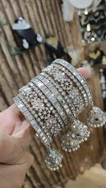 Pakistani Flower Design Mirror Work Bangle Chura With Jhumki Set - Libasaa.com