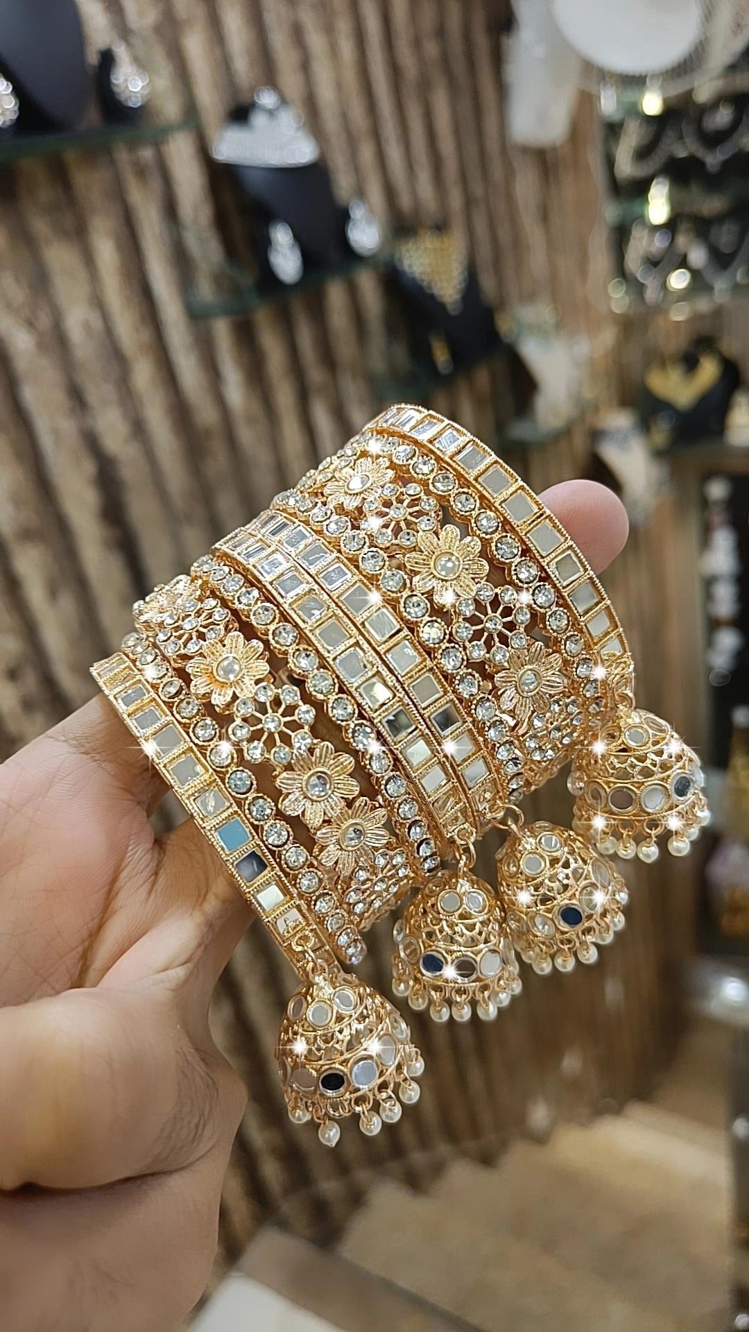 Pakistani Flower Design Mirror Work Bangle Chura With Jhumki Set - Libasaa.com