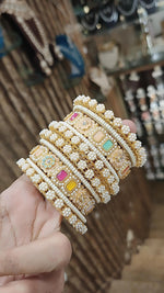 Rajsthani Traditional Flower DesignKundan AD Bridal Chura Set - Libasaa.com