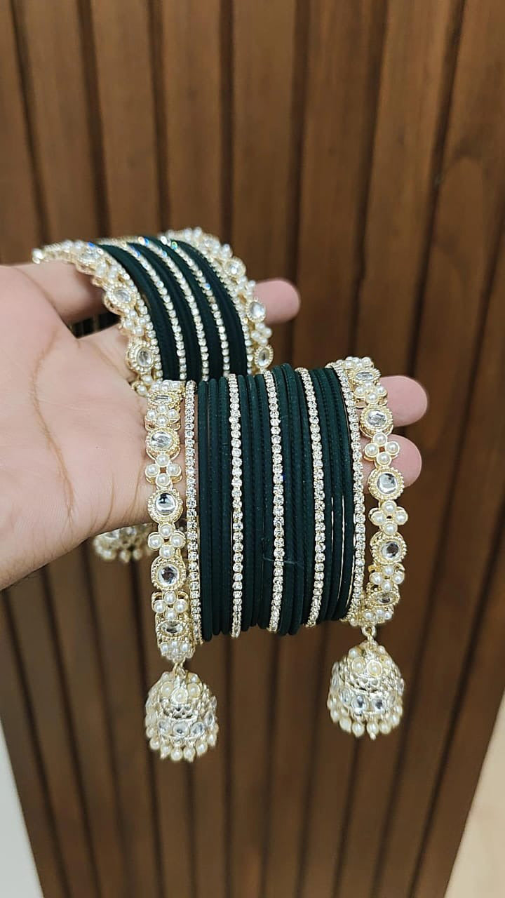 Jaipuri Traditional Thread Gold Plated Kundan Bridal Bangle With Set - Libasaa.com