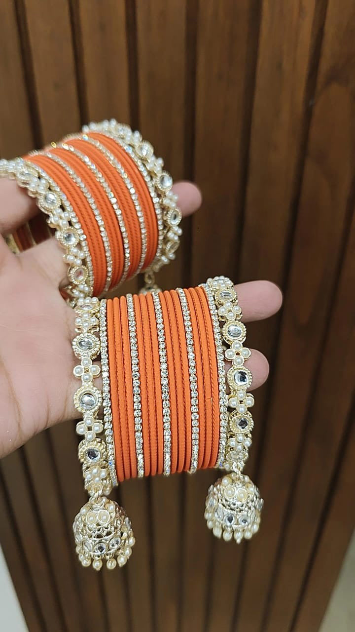 Jaipuri Traditional Thread Gold Plated Kundan Bridal Bangle With Set - Libasaa.com
