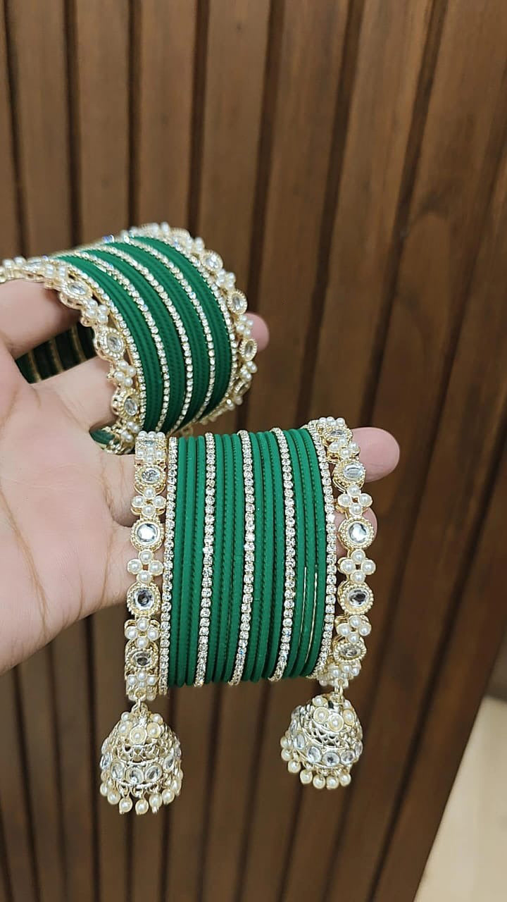 Jaipuri Traditional Thread Gold Plated Kundan Bridal Bangle With Set - Libasaa.com