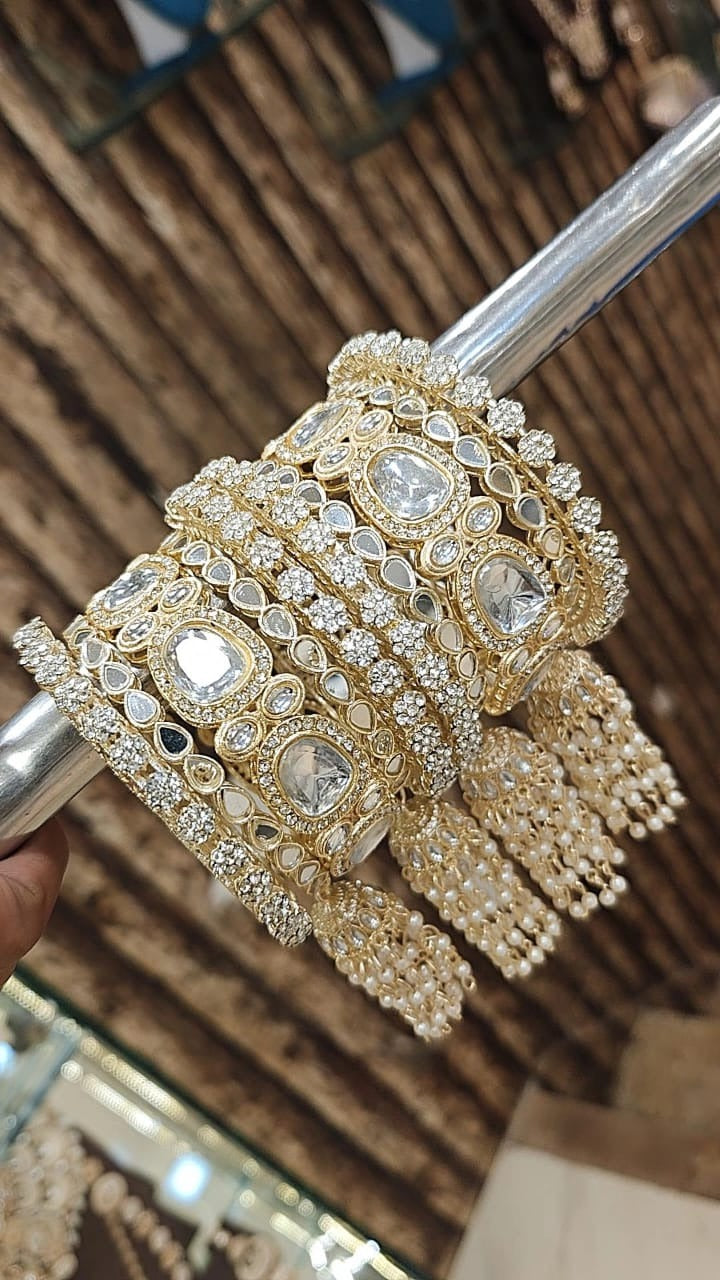 Indian Mirror Stone Kundan Work Bridal Chura With Jhumar Set For Wedding - Libasaa.com