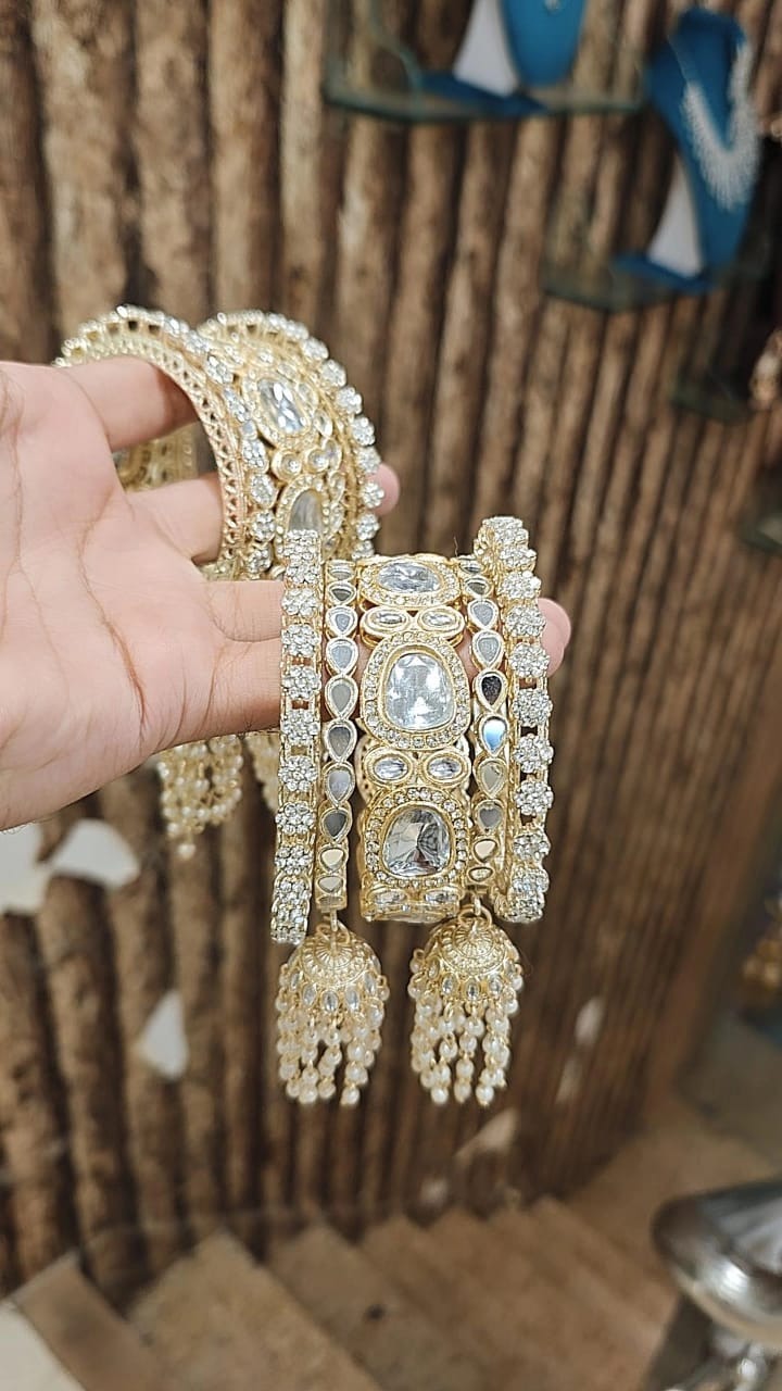 Indian Mirror Stone Kundan Work Bridal Chura With Jhumar Set For Wedding - Libasaa.com