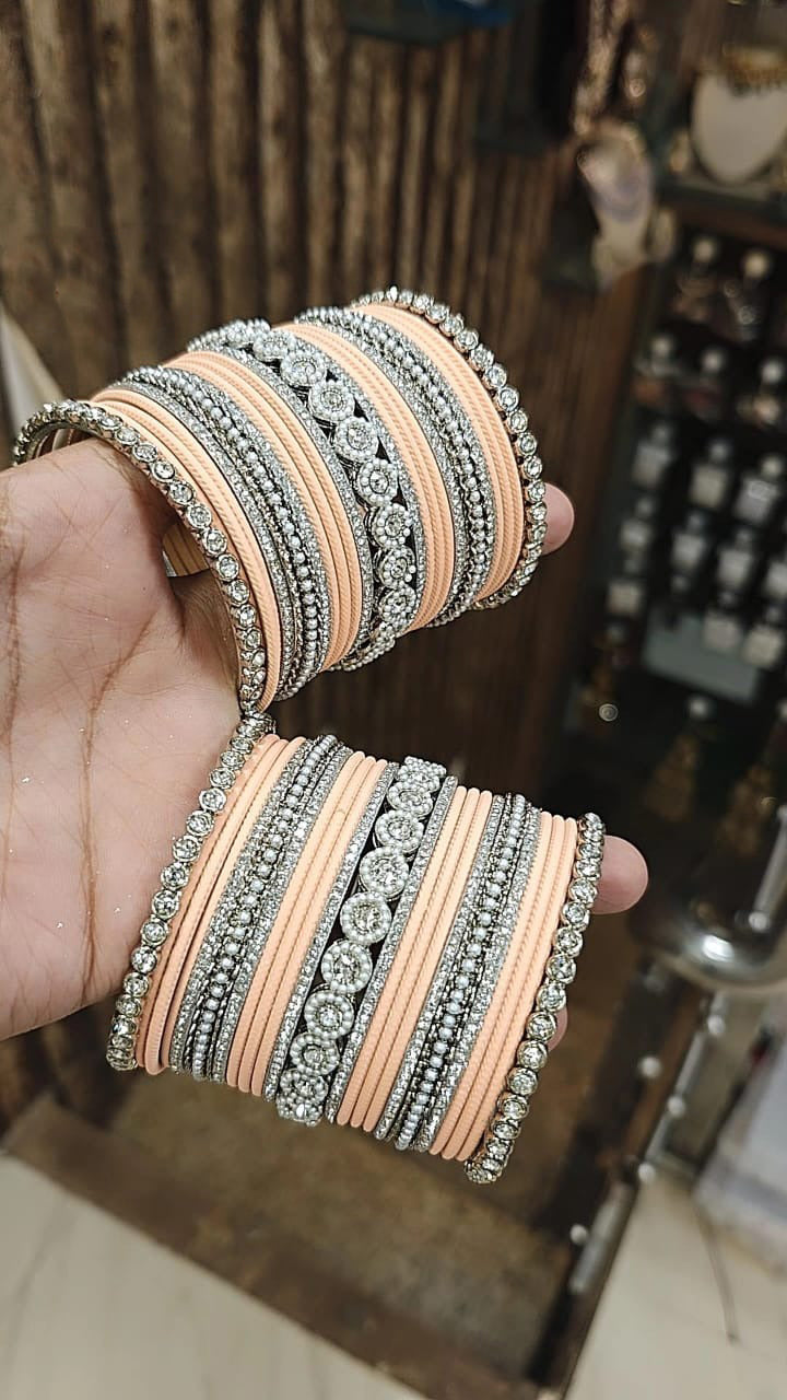 Silver Tone Jaipuri Kundan Bridal Bangle Chura Set For Wedding - Libasaa.com