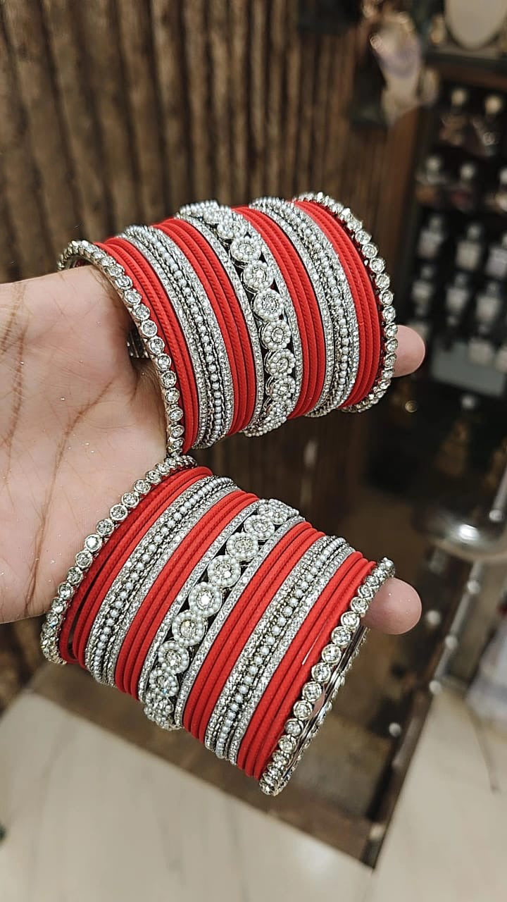 Silver Tone Jaipuri Kundan Bridal Bangle Chura Set For Wedding - Libasaa.com