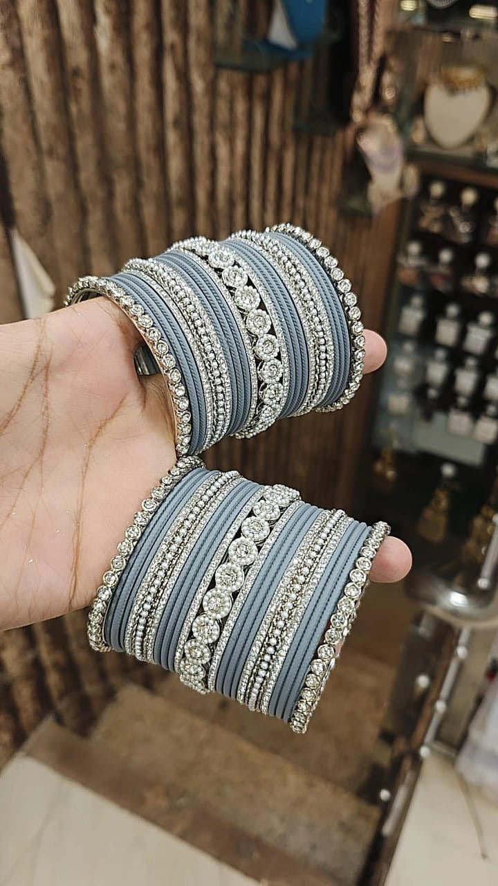 Silver Tone Jaipuri Kundan Bridal Bangle Chura Set For Wedding - Libasaa.com