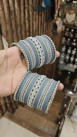 Silver Tone Jaipuri Kundan Bridal Bangle Chura Set For Wedding - Libasaa.com