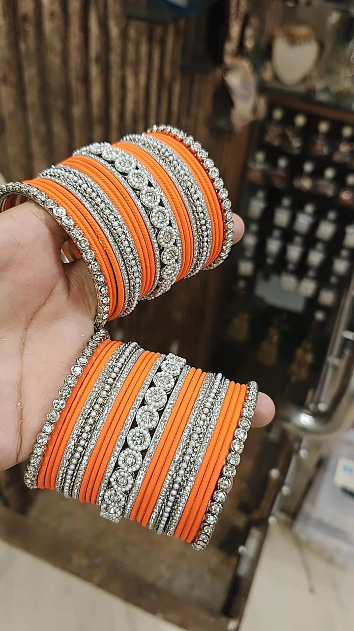Silver Tone Jaipuri Kundan Bridal Bangle Chura Set For Wedding - Libasaa.com
