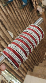 Silver Tone Jaipuri Kundan Bridal Bangle Chura Set For Wedding - Libasaa.com