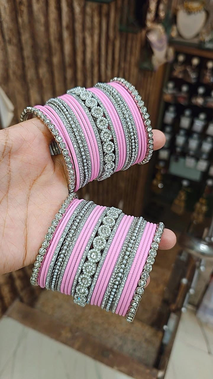 Silver Tone Jaipuri Kundan Bridal Bangle Chura Set For Wedding - Libasaa.com