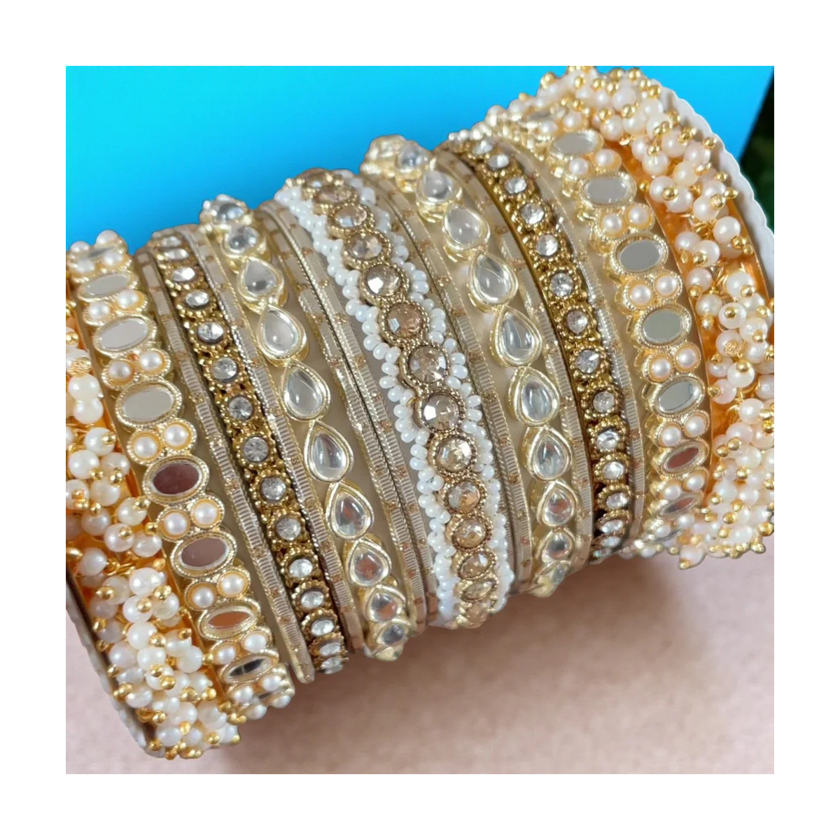 Bridal Stone Bangle Set with Gajra & Mirror Kada – Golden Wedding Jewelry