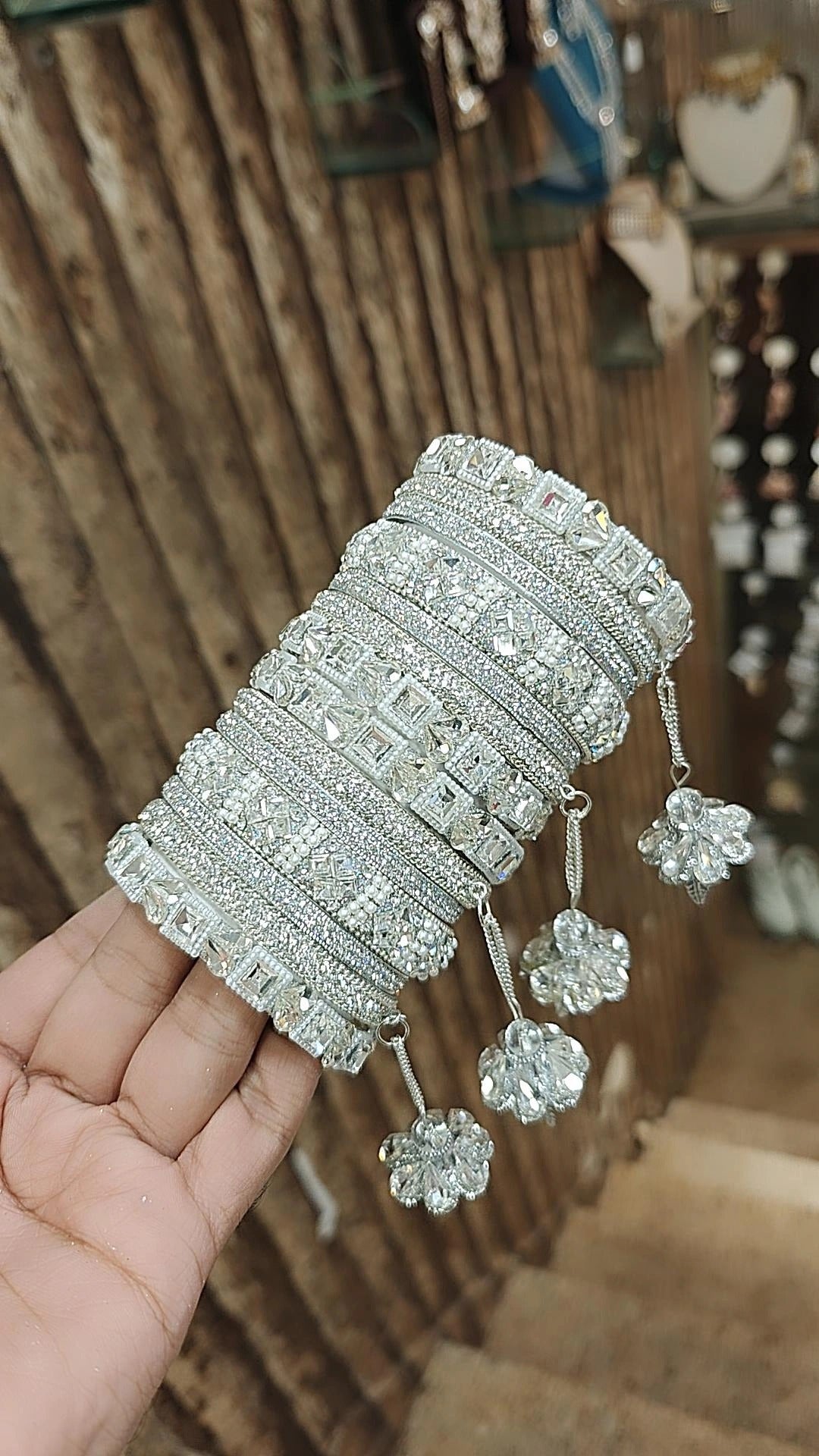 Silver Square Motif Stone Bangle With Jhaller Set| Indian Bangle Set | Indian Jewelry | Traditional Jewelry - Libasaa.com