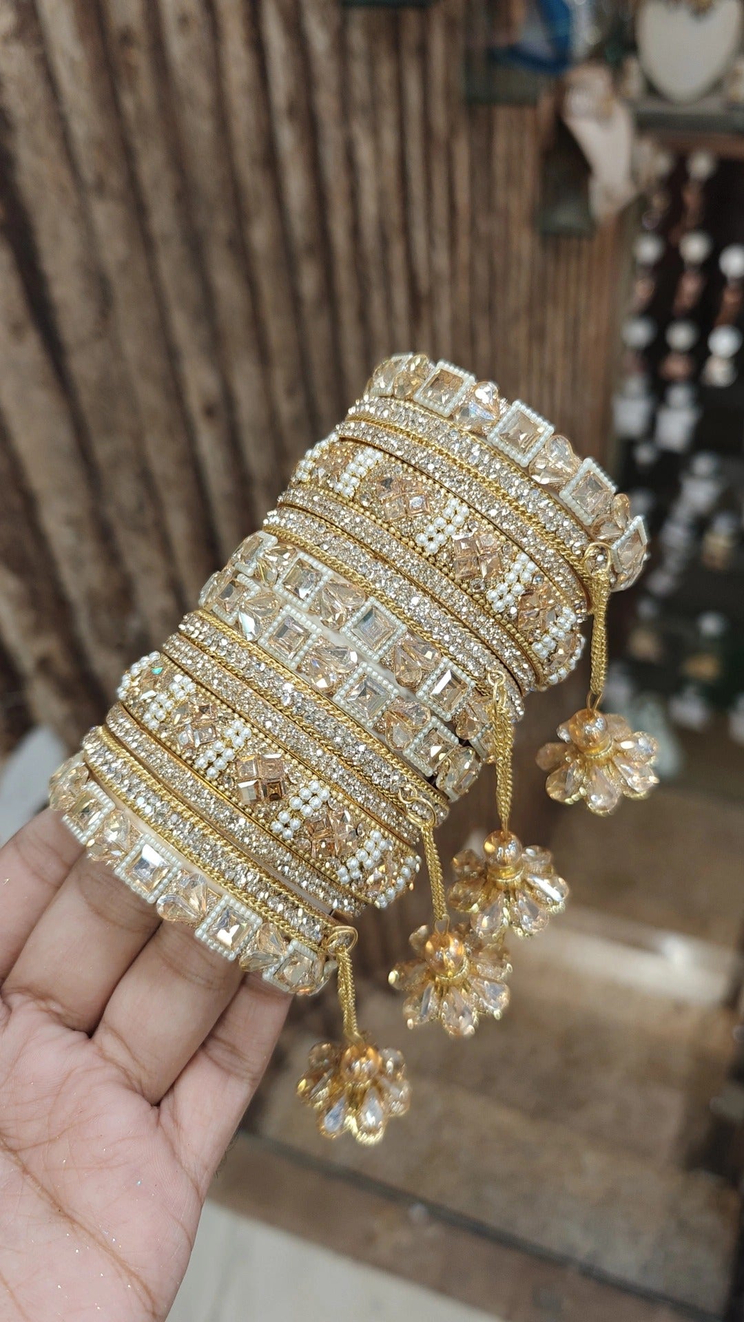 Golden Square Stone Work Floral Jhaller Bangle Set | Indian Bangle Set | Indian Jewelry | Traditional Jewelry - Libasaa.com
