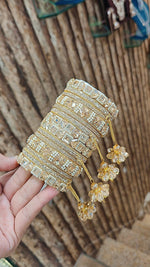 Golden Square Stone Work Floral Jhaller Bangle Set | Indian Bangle Set | Indian Jewelry | Traditional Jewelry - Libasaa.com