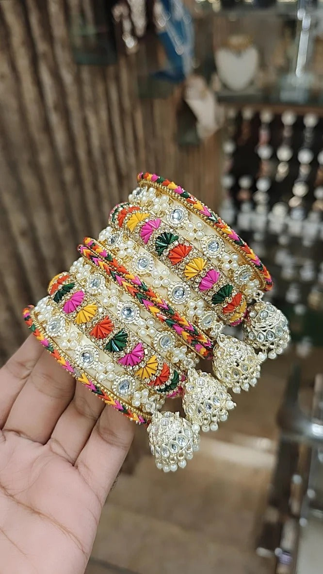 Jaipuri Rajwadi Multicolor Stone Work Bangle Kada With Jhumki Set | Indian Bangle Set | Indian Jewelry | Traditional Jewelry - Libasaa.com