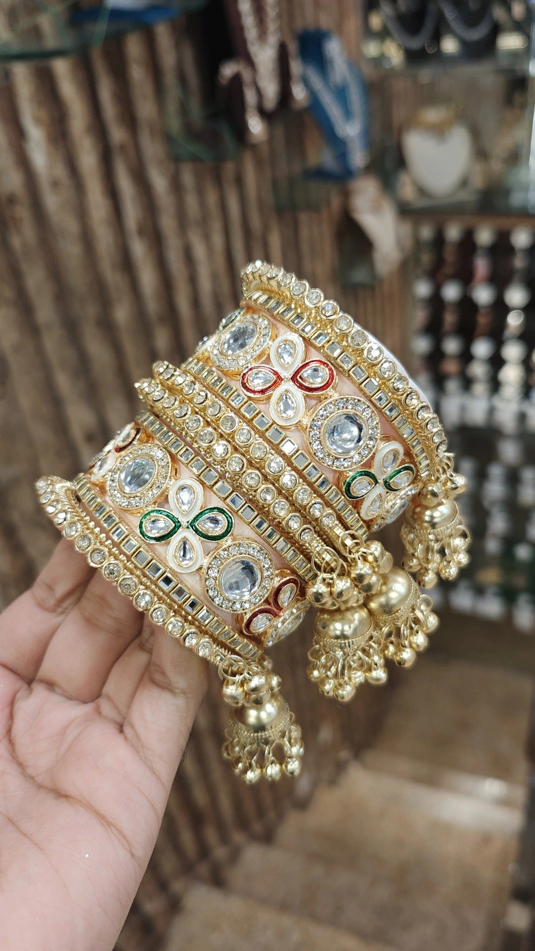Golden Stone Kundan Work Bangle Jhumki Set| Indian Bangle Set | Indian Jewelry | Traditional Jewelry - Libasaa.com