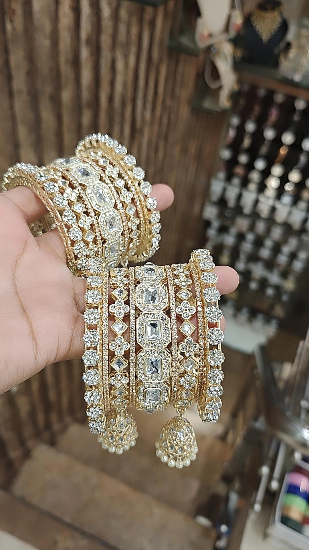 Square Style Light Golden Stone Work Bangle Jhumki With Kada Set | Pakistani Bangle Set | Pakistani Jewelry | Traditional Jewelry - Libasaa.com