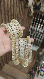 Square Style Light Golden Stone Work Bangle Jhumki With Kada Set | Pakistani Bangle Set | Pakistani Jewelry | Traditional Jewelry - Libasaa.com