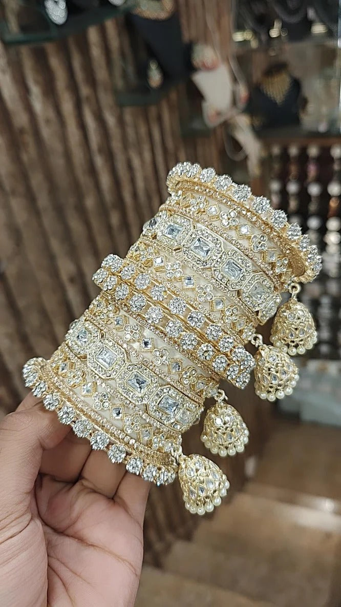 Square Style Light Golden Stone Work Bangle Jhumki With Kada Set | Pakistani Bangle Set | Pakistani Jewelry | Traditional Jewelry - Libasaa.com