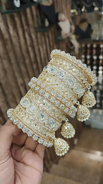 Square Style Light Golden Stone Work Bangle Jhumki With Kada Set | Pakistani Bangle Set | Pakistani Jewelry | Traditional Jewelry - Libasaa.com