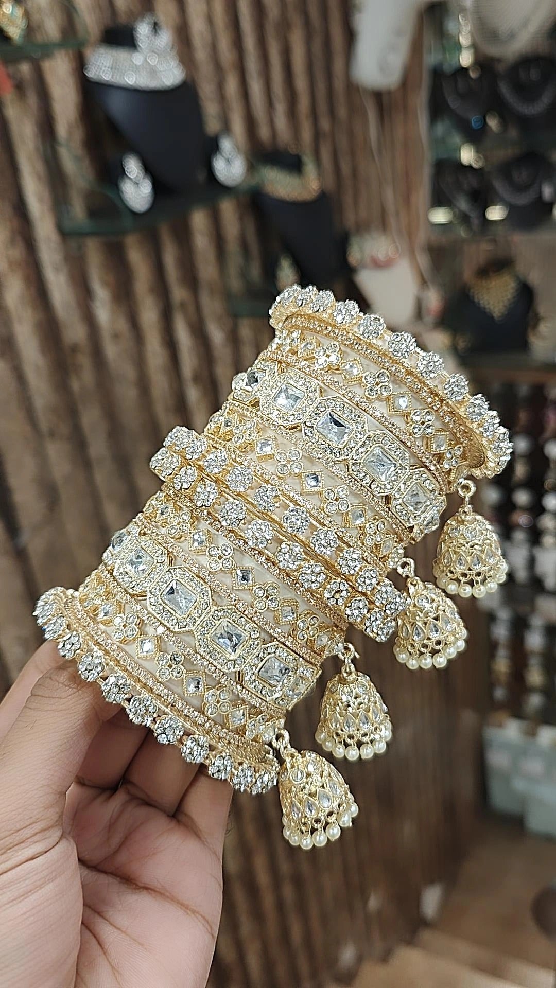 Square Style Light Golden Stone Work Bangle Jhumki With Kada Set | Pakistani Bangle Set | Pakistani Jewelry | Traditional Jewelry - Libasaa.com