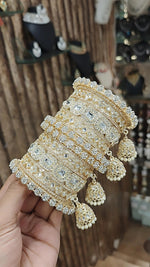 Square Style Light Golden Stone Work Bangle Jhumki With Kada Set | Pakistani Bangle Set | Pakistani Jewelry | Traditional Jewelry - Libasaa.com