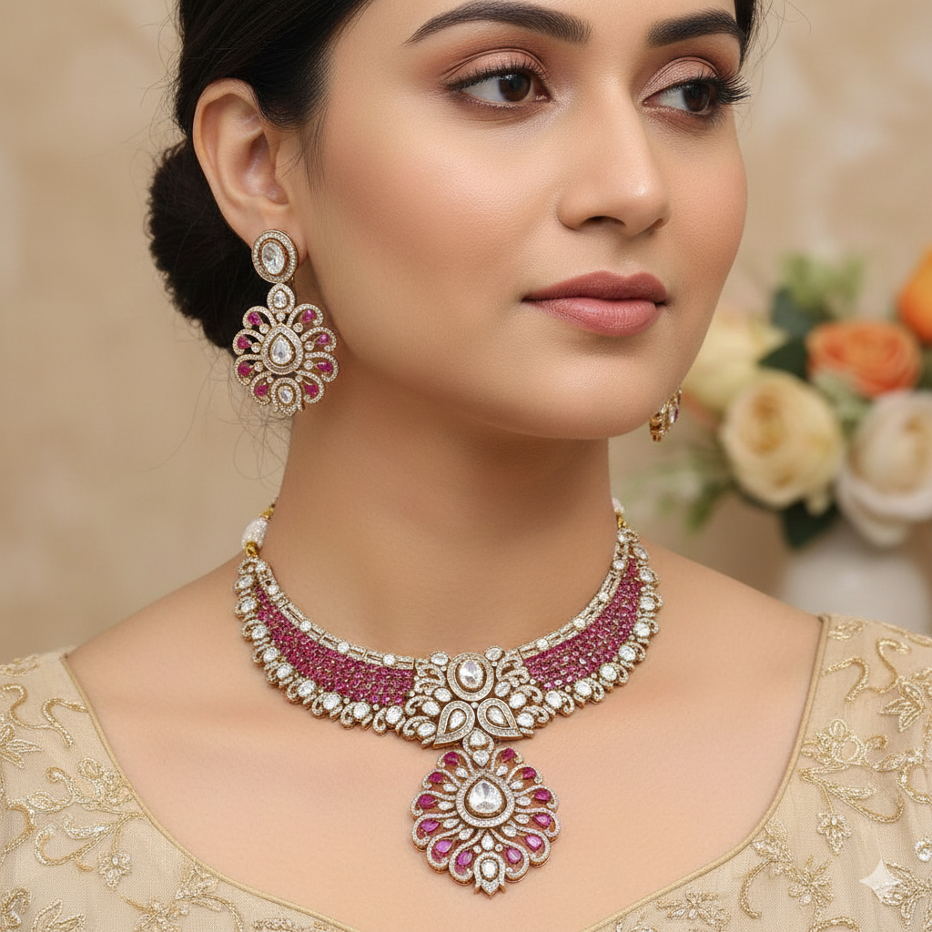 Stone Kundan Bridal Necklace Set with Earrings | Gold Tone Indian Wedding Jewellery Set | Traditional Ethnic Necklace
