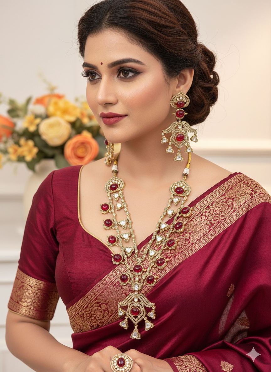 Royal Kundan & Ruby Red Stone Long Necklace (Haar) Set with Matching Earrings and Ring - Libasaa.com