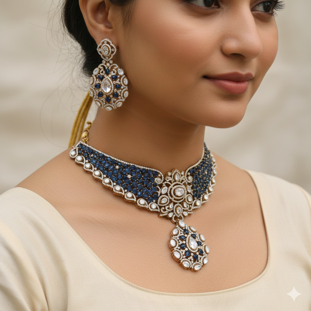 Blue Stone Kundan Bridal Necklace Set with Earrings | Indian Jewellery Wedding Necklace Set | Traditional Stone Jewellery Indian Necklace Set