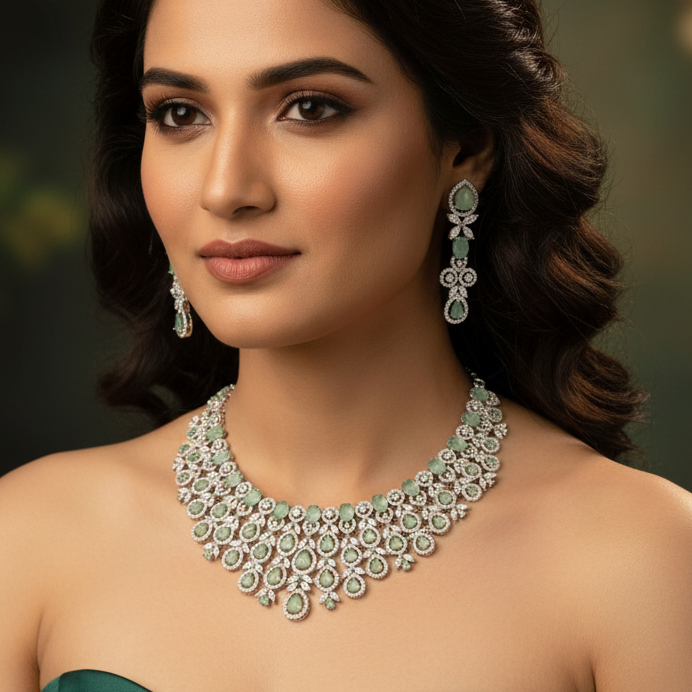 Elegant Green Stone Diamond Choker Necklace Set – Bridal & Party Wear - Libasaa.com