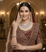 Bridal Premium Silver CZ Jewellery Set | Stone Jewellery Indian Necklace Set with Maang Tikka, Earrings & Kada | Complete Bridal Indian Jewellery Set