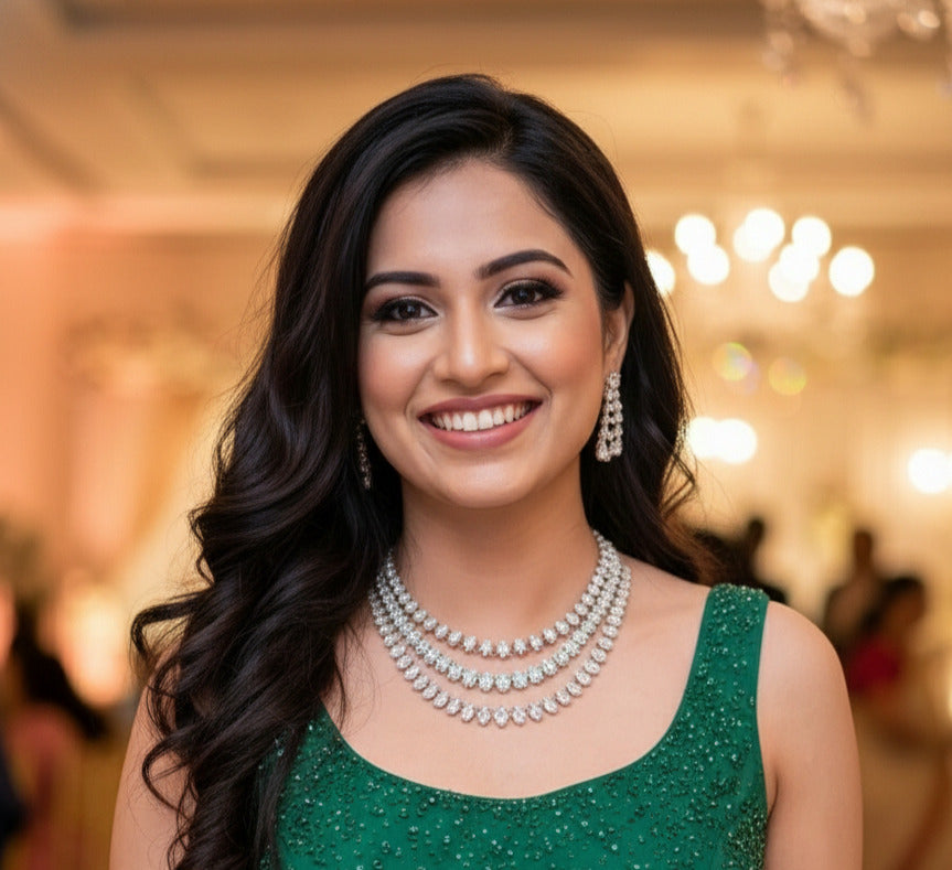 Premium Silver & Pink Stone Necklace Set with Matching Earrings | Sparkling Stone Jewellery | Indian Jewellery | Elegant Indian Neckles Set for Women