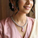 Silver CZ Necklace Set with Pink Teardrop Stones | Silver-Plated Indian Jewellery | Elegant Indian Necklace Set With Matching Earrings