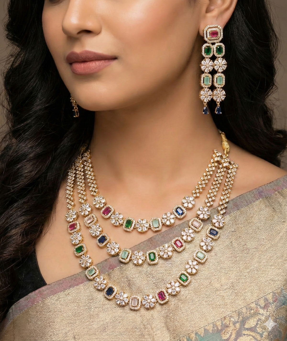 Luxurious 3-Layer American Diamond Necklace Set | Gold-Plated Indian Jewellery | Premium Indian Necklace Set With Matching Earrings