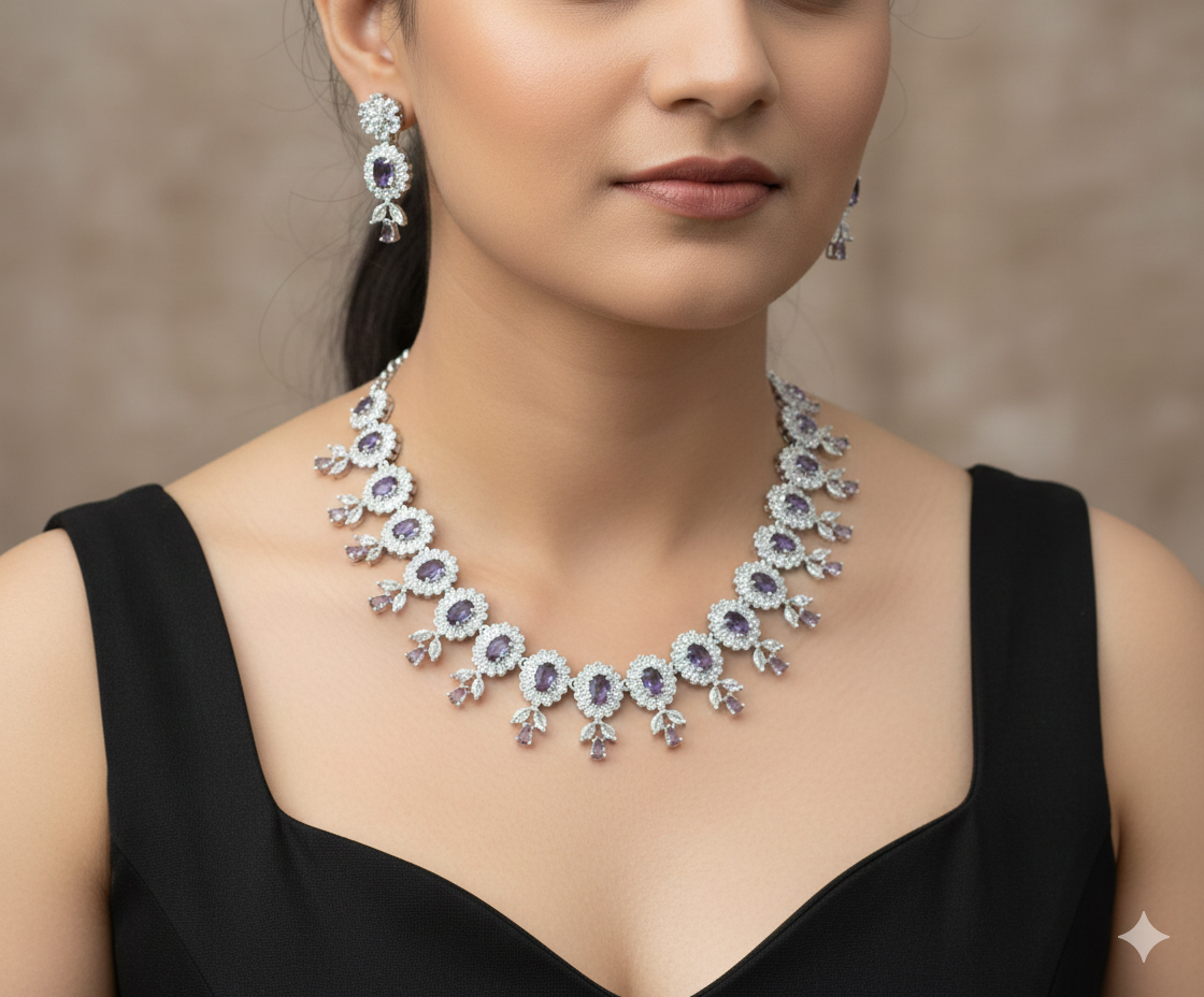 Premium Stone Silver-Plated Necklace Set with Matching Earrings | Indian Jewellery | Stone Jewellery | Indian Necklace Set