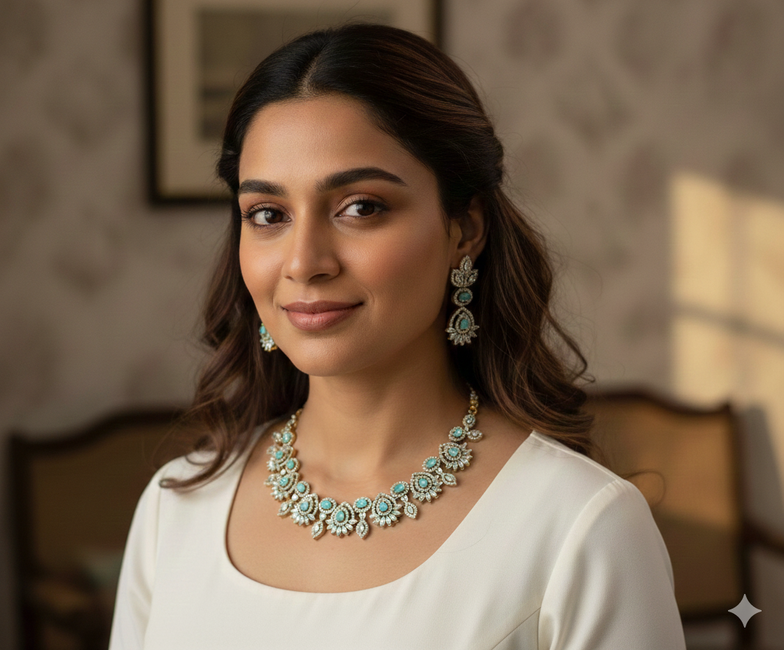 White Stone Necklace Set with Matching Earrings | Indian Jewellery Traditional Stone Indian Necklace Set