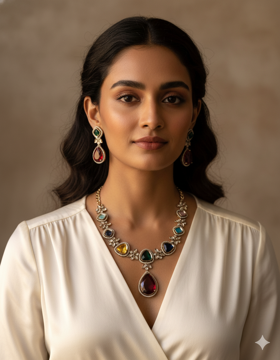 Multicolor Teardrop Gemstone & Gold-Toned Necklace Set