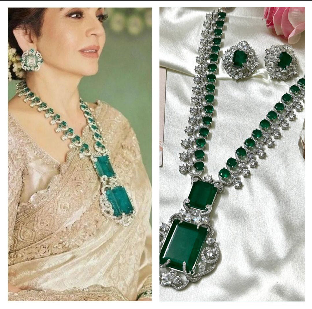 Green Emerald Original Polki Luxury Lady Trending Long Premium AD Set - Libasaa.com