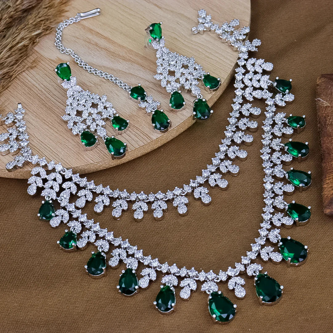 Tara Sutaria American Diamond layered Necklace with earring Set, engagement Bridal Wedding cz ad necklace set part wear celebrity style - Libasaa.com