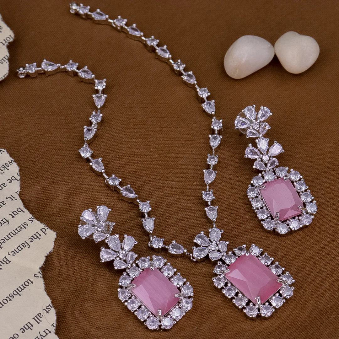 American Diamond Alia Bhatt inspired premium quality doublet pendant necklace set prom jewelry, Indian jewellery, zircon cz indo western - Libasaa.com