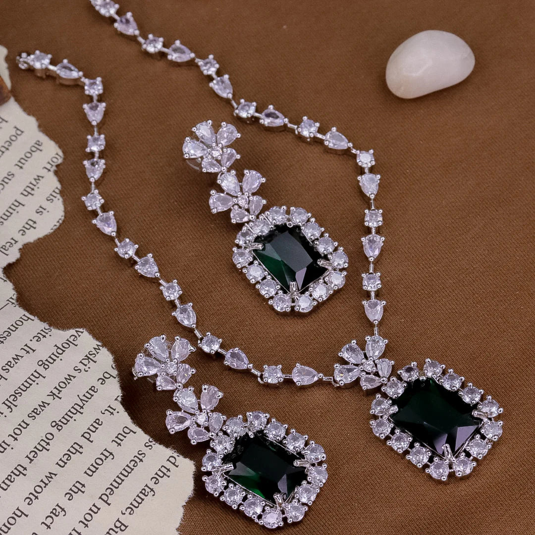 American Diamond Alia Bhatt inspired premium quality doublet pendant necklace set prom jewelry, Indian jewellery, zircon cz indo western - Libasaa.com