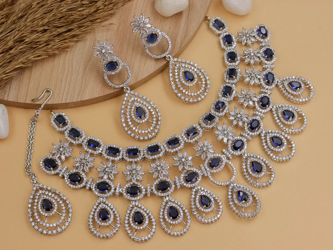 Premium American Diamond Emerald Wedding Necklace Hot Selling Heavy Bridal AD Choker set, Ad bridal choker, heavy ad necklace set - Libasaa.com